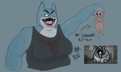 1girls 2d 2d_(artwork) anthro anthro_female anthro_only bigger_female black_clothing black_eyes blood blood_in_mouth blood_on_chest blood_on_clothing blood_on_face blood_stain blue_background blue_fur breast_focus breasts brown_fur cannibal cannibalism cat_ears cat_girl catgirl chubby chubby_female claws claws_out clear_eyes clothed clothed_female crazy_eyes doomed evil evil_smile fanart fat fat_female fat_fuck feline feline_humanoid female_cat furry furry_female furry_only grabbing grabbing_another grabbing_head guillotina imminent_death imminent_eating imminent_vore kitten larger_female mewgenics milf moments_before_disaster mommy mouth_wide_open muscular muscular_female no_hair no_pupils no_sex not_porn open_mouth picking_up pointy_ears pointy_teeth psychopath psychotic pupilless_eyes r.i.p. reddit reddit_link sadism sadistic sadistic_girl saggy_breasts scarred scarred_face scary_face screenshot sharp_claws sharp_teeth sketch smile smiling spread_breasts suffering tank_top tongue torso_only uvula villain villainess white_eyes wide_eyes words writing