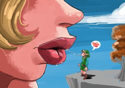 1boy 1girl1boy 1girls big_lips blonde_hair blue_eyes blush clothed_male clothed_male_nude_female cotera_(great_fairy) female giant_lips giant_woman giantess great_fairy great_fairy_(breath_of_the_wild) great_fairy_cotera hyrule kabcum kabkum kissing link naked_female penis penis_clothing penis_in_clothes pointed_ears red_lips saliva saliva_on_face saliva_on_lips shiny_lips size_difference sketch sky_background smooch text the_legend_of_zelda thick_lips