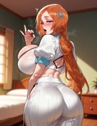 ^^^ ai_generated alternate_breast_size ass ass_focus back backboob bangs bed bedroom bleach blurry_background blush breasts breath brown_eyes bursting_breasts clothing clothing_cutout cowboy_shot crop_top curtains curvy depth_of_field fellatio_gesture female from_behind hair_ornament half-closed_eyes handjob_gesture huge_ass huge_breasts indoors inoue_orihime inviting inviting_to_sex large_breasts lips long_hair long_skirt looking_at_viewer looking_back motion_lines naughty_face open_mouth orange_hair parted_bangs presenting presenting_ass presenting_breasts presenting_hindquarters presenting_self puffy_short_sleeves puffy_sleeves seductive seductive_look seductive_smile sexually_suggestive shirt short_sleeves side_slit sideboob skirt solo standing sweat thighs tongue tongue_out upper_teeth_only very_long_hair white_shirt white_skirt window