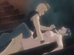 00s 1boy 1girls 2008 alley animated anime_screenshot aqua_hair ass bible_black bible_black:_restored blade_to_throat bouncing_breasts breasts dark_alleyway delinquent female from_behind grey_hair knife large_breasts lipstick lowres makeup missionary mohawk nipples rape sex short_hair stairs sunglasses sweat tagme thighhighs wristband