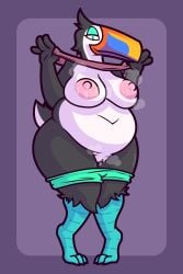 absurd_res anthro areola avian beak belly big_belly big_breasts bird bird_legs black_body black_feathers bodily_fluids bottomwear bottomwear_down breasts clothed clothing clothing_lift dripping_vulva eyeshadow feathers feet female female_anthro flashing flashing_breasts flashing_viewer genitals green_bottomwear green_clothing green_shorts hi_res holding_clothing holding_object holding_shirt holding_topwear ikakins knock-kneed looking_at_viewer makeup multicolored_beak multicolored_body multicolored_feathers navel overweight overweight_female partially_clothed pink_areola pink_clothing pink_shirt pink_topwear searcy shirt shirt_lift shorts shorts_down solo sweat sweaty_areola sweaty_breasts sweaty_genitalia sweaty_vulva tail talons teal_eyes teal_eyeshadow teal_talons toes topwear toucan two_tone_body two_tone_feathers vulva white_body white_feathers white_vulva