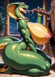 ai_generated ancient_egypt anthro_female bedroom big_cock bukkake cum cum_dripping cum_in_mouth cum_on_breasts cum_on_face cumming deity_on_mortal drooling egyptian_goddess egyptian_jewelry egyptian_mythology gigantic_breasts glistening_body glistening_scales grabbing_penis high_quality human_male kneeling_female looking_up_at_partner massive_ass massive_booty moonchild41 muscular_male night nipples nude open_mouth penis scalie_female side_view snake_girl snake_hood snake_tail snake_tongue sweat taller_female thick_thighs tongue_out voluptuous_anthro voluptuous_female wadjet wadjet_(deity) wide_hips