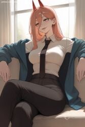 1girl ai_generated bangs belt black_neckwear black_pants breasts chainsaw_man collared_shirt crossed_legs demon_girl demon_horns hair_between_eyes hi_res high_quality high_resolution horns jacket jacket_on_shoulders large_breasts long_hair long_sleeves looking_at_viewer necktie off_shoulder pants patreon power_(chainsaw_man) seductive sexy sharp_teeth shirt shirt_tucked_in sitting smile solo teeth uncensored watermark white_shirt