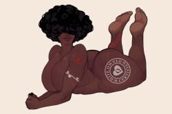 1girls african_female afro argohazak barefoor big_ass big_breasts black_girl black_hair black_woman bleached completely_nude completely_nude_female dark-skinned_female dark_skin feet feet_up hair_between_eyes hair_covering_eyes laying_down nude nude_female queen_of_spades tattoo tattoos wide_hips