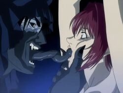 00s 1girls 2002 animated anime_screenshot bible_black bible_black_gaiden demon demon_boy demon_horns fangs female french_kiss hand_on_another's_cheek hand_on_another's_face horns implied_rape implied_sex kissing long_hair long_tongue purple_eyes purple_hair rape red_hair shaking smile tagme takashiro_hiroko tentacle tongue tongue_on_tongue tongue_out yellow_eyes
