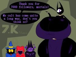 2026 2d 2d_(artwork) 3boys big_breasts black_body blush breasts_bigger_than_head cleavage clothed clothing cultist cyclops dialog dialogue dress female follower_celebration gold_jewelry gremlingrounded heart heart_eyes hearts_around_head horns hourglass_figure hourglass_figured_female impuro_(gremlingrounded) ocs original original_characters palle_(gremlingrounded) purple_eyes ring skimpy skimpy_clothes sweat talking_to_viewer text thick_thighs tits_bigger_than_head