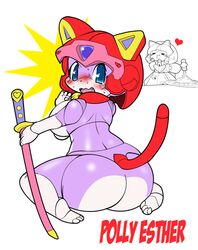 2007 2girls animal_ears anthro ass blush breasts cat feline female francine_manx fur furry furry_only helmet huge_ass pantsuneko pink_fur polly_esther samurai_pizza_cats short_hair solo_focus sword tail thick_thighs wide_hips