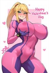 1girls abs aerolae belly belly_button big_breasts blonde_female blonde_hair blue_eyes blush breast_grab breasts curvy curvy_body curvy_female female female_focus female_only heart heart_symbol legs looking_at_viewer massive_breasts metroid nintendo pink_bodysuit samus_aran smile smiling smiling_at_viewer valentine's_day