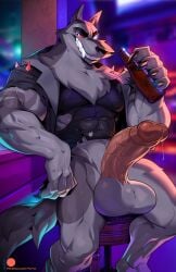 2024 abs alcohol alternate_version_at_source anthro balls bar bar_stool beer beverage biceps big_balls big_penis bodily_fluids bottle canid canid_demon canine canis claws clothed clothing container demon domestic_dog drinking dripping erection fangs fur furniture genital_fluids genitals grey_body grey_fur hellaverse hellhound helluva_boss hi_res holding_bottle holding_container holding_object jacket male mammal muscular muscular_male mythological_canine mythological_creature mythology pantsless patreon patto pecs penis precum precum_drip precum_string pub red_sclera sharp_teeth sitting smile solo stool tail teeth text tight_clothing topwear torn_clothing torn_topwear url vein vortex_(helluva_boss) watermark wolf