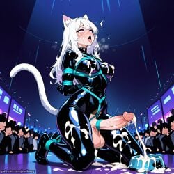 ahe_gao ai_generated big_balls big_cock big_penis bondage bowl cat_ears cat_tail crowd_watching cum cum_bowl cum_dripping cum_dripping_from_penis cum_on_breasts cum_on_face cum_on_floor cum_on_thighs futanari futasub huge_balls huge_cock kneeling large_balls large_cock large_penis latex latex_clothing latex_suit meimeg nekomimi purple_eyes tied_feet tied_hands tied_penis tied_up white_hair