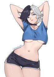 1girls 2d belly_button breasts fanart female female_only hands_behind_head heterochromia large_breasts luna_snow luna_snow_(marvel_rivals) marvel marvel_rivals multicolored_hair selvish94 shorts skimpy_clothes underboob