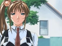 00s 1girls 2006 animated anime_screenshot aqua_eyes bible_black bible_black_black_sacrifice bible_black_night_of_the_walpulgiss breasts brown_hair bush collared_shirt female green_eyes hair_ornament house imari_kurumi long_hair necktie outdoors ponytail sad school_uniform shirt side_ponytail suspenders tagme tree white_shirt
