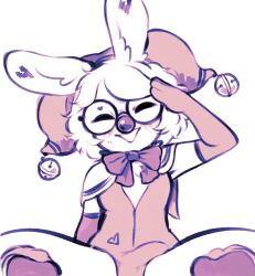 2026 anthro bell bestfriendforever besty_(character) bow_ribbon bulge chest_tuft closed_eyes clothing clown_nose detailed_bulge erection eyewear fool's_hat genital_outline glasses hat headgear headwear jester lagomorph leporid long_ears mammal nonbinary_(lore) open_mouth penis_outline rabbit simple_background tuft