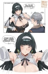 1boy 1girls angry astra_yao astra_yao_(chandelier) beauty_mark big_breasts blush color dialogue drawing english_text hugging jealous_female long_hair male_pov mihoyo pout text unrulyfriedrice wise_(zenless_zone_zero) zenless_zone_zero