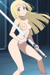 ai_generated battle_pose blonde_hair blue_lightsaber breasts double_bladed_lightsaber jedi jedi_padawan lightsaber lightsaber_hilt lillie_(pokemon) lv99slime medium_breasts naked naked_female nipples nude nude_female pokemon pussy vagina