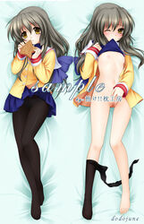 black_hair bottomless bow brown_eyes brown_hair censored clannad clothing dakimakura dodojune flat_chest ibuki_fuuko long_hair mouth_hold navel nipples panties panties_under_pantyhose pantyhose pantyhose_pull pussy ribbon sample school_uniform skirt star starfish underwear undressing wink