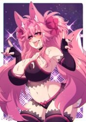 1girls big_breasts crescentia cum cum_on_breasts curvy elbow_gloves fangs fox_ears fox_girl fox_tail gloves heart-shaped_pupils huge_breasts kireina_pinky_fox latex latex_gloves looking_at_viewer microskirt midriff open_mouth original pink_eyes pink_fur pink_hair pinky_fox_(osiimi) thick_thighs thighhighs tongue tongue_out twintails virtual_youtuber wide_hips