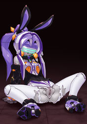 android animal_ears bunny_ears clothes high_heels highres machine musen-shiki_sanhankikan ponytail purple_hair pussy robot robot_girl spread_legs tied_hair torn_clothes uncensored vagina virtual_on