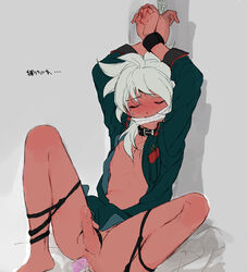 1boy anal_insertion baddap_sleed blush bondage bottomless bound_penis closed_eyes cum frogtie gag gay inazuma_eleven male penis rape solo solo_male spread_legs tied_penis translation_request white_hair