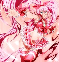 1girls armpits blue_eyes blush clothing cure_melody erect_nipples erect_nipples_under_clothes frilled_gloves frilled_skirt frilled_sleeves frills hair_ribbon houjou_hibiki magical_girl midriff niko_(tama) nipples pink_hair precure pretty_cure pussy pussy_peek reaching ribbon skirt small_breasts smile solo stockings suite_precure thighhighs tied_hair twintails