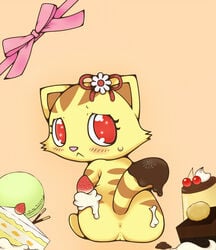 1girls anus ass blush cake cute feline female female_only food from_behind jewelpet jewelpet_(species) kemono looking_back omunikin pussy raised_tail red_eyes sango_(jewelpet) sanrio simple_background solo strawberry sweets