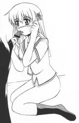 blonde_hair blowjob female fruits_basket kneeling male male/female monochrome penis school_uniform tagme tohru_honda white_background