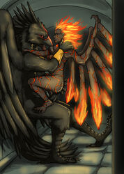 ambiguous_gender anthro armband avian bird blue_eyes bracelet claws crow demon fire jewelry male penis red_eyes size_difference syrinoth wings