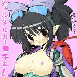 53 black_hair blush breasts brown_eyes character_request cum cum_on_body cum_on_breasts cum_on_upper_body facial female goggles large_breasts nipples ribbon source_request topless