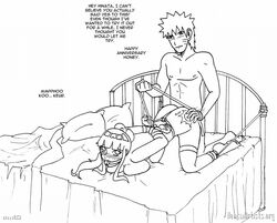 1boy 1girls arms_behind_back ball_gag bedroom blush bondage bound bound_wrists female gag gagged human hyuuga_hinata indoors large_breasts long_hair male mattwilson83 monochrome naruto nude sex straight top-down_bottom-up uzumaki_naruto vaginal