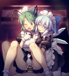 1boy 2girls alternate_costume antennae apron bar_censor black_dress blue_bow blue_eyes blue_hair blush bow censored chima_q cirno dress enmaided fairy frilled_apron frills gloves green_eyes green_hair hair_between_eyes hairbow ice ice_wings maid maid_apron multiple_girls one_eye_closed open_mouth penis pov puffy_short_sleeves puffy_sleeves sapsavana sex short_hair short_sleeves smile socks tongue tongue_out touhou white_apron white_gloves white_socks wings wriggle_nightbug