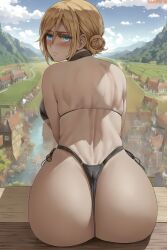 1girls ai_generated amiral_ai ass attack_on_titan backboob bikini black_bikini blonde_hair blue_eyes breasts dat_ass female female_only historia_reiss huge_ass light-skinned_female light_skin outdoors shingeki_no_kyojin thick_thighs tied_hair