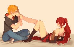 1boy 1girls barefoot blonde_hair blush closed_eyes efr feet female femdom foot_fetish foot_worship full_body half-closed_eyes high_ponytail holding_another's_foot intimate jaune_arc licking licking_foot long_hair lying male on_back ponytail pyrrha_nikos red_hair rwby sapsavana simple_background single_sock sitting smile socks sora_(efr) straight