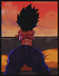 1girls artist_logo ass back back_view big_ass big_butt black_hair bubble_butt caulifla digital_media_(artwork) dragon_ball dragon_ball_super female female_focus female_only hard_shadow harem_pants hi_res highres kneeling kojoarts leaning_forward looking_out magenta_clothing naughtypaw_(artist) purple_pants saiyan saiyan_girl shading sideboob skinny_waist solo spiky_hair stone_wall sunset topwear ttherandom tthrandom tthrandom_rp tubetop underwear_outline warm_colors wild_hair