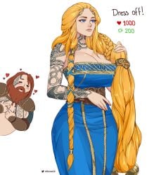 1boy 1girls aesir_(norse_mythology) allen_skies02 beard big_breasts blonde_hair blue_dress blue_eyes braided_hair breasts clothed clothed_female dress fat_man front_view god_of_war god_of_war_ragnarok goddess hips hourglass_figure huge_breasts long_hair looking_away milf mother mythology norse_mythology red_hair sapsavana sif_(god_of_war) tattoo tattooed_arm tattoos thick_thighs thighs thin_waist thor_(god_of_war) twitter_username white_background wide_hips