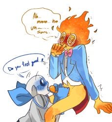 2boys 2d animated_skeleton blue_blush blue_gloves blue_tongue blush bottomless bowtie dialogue duo embarrassed english english_dialogue english_text fellatio gay glasses gloves grillby grillby_au male male/male male_only oral pink_bowtie sans sans_(underswap) sans_au shandrawaka simple_background skeleton speech_bubble spiral_eyes suck sucking sucking_penis talking text undead underswap underswap_grillby underswap_sans undertale undertale_(series) undertale_au white_background yaoi