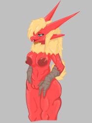 anthro asteriusfongrif avian beak big_breasts bird blaze_(ast) blaziken blush breasts female fur generation_3_pokemon genitals hair humanoid nintendo nipples nude open_mouth pokémon_(species) pokemon pokemon_(species) pussy red_body shaded simple_background smile solo text video_games