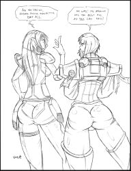 2girls adepta_sororitas aeldari ass dat_ass dialogue eldar english_text female female_only howling_banshee imperium_of_man purity_seal simple_background sister_of_battle sketch speech_bubble text warhammer_(franchise) warhammer_40k wckd wckdart