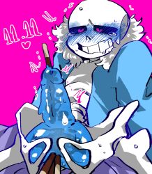 1boy animated_skeleton black_sclera blue_blush blue_penis blush blushing bottomless crying ectopenis food_insertion food_play heart-shaped_pupils heart_eyes jacket male male_only male_urethral_insertion pink_background pocky sans sapsavana shandrawaka simple_background skeleton solo undertail undertale undertale_(series) urethral urethral_insertion urethral_penetration