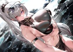 1girls bikini_skirt black_bikini blue_eyes female female_focus female_only glasses glasses_on_head heterochromia light-skinned_female light_skin ponytail red_eyes sea see-through see-through_clothing skirt white_hair xlxiaoluodiaofa