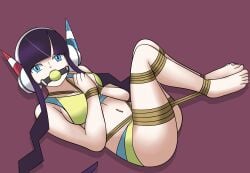 1girls arms_tied_behind_back ass ball_gag bikini black_hair blue_eyes bondage breasts crotch_rope dankestofdans elesa_(pokemon) gag gagged headphones large_breasts laying_down legs_tied looking_at_viewer midriff navel nintendo on_back pokemon pokemon_bw pokemon_bw2 rope rope_between_breasts rope_bondage shibari_over_clothes swimsuit twintails yellow_ball_gag yellow_bikini yellow_swimsuit