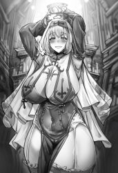 absurdres armpits big_breasts breasts copyright_request cross female fully_clothed garter_straps grin highres huge_breasts indoors inverted_cross looking_at_viewer monochrome nun nun_outfit restart revealing_clothes sapsavana see-through sideboob smile teeth thick_thighs thighhighs thighs