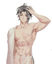 1boy abs alhaitham_(genshin_impact) armpits bangs closed_mouth genshin_impact green_eyes grey_hair hair_between_eyes highres huahua123569 male_focus muscular muscular_male nipples penis sapsavana solo_male testicles towel towel_around_waist towel_on_one_shoulder