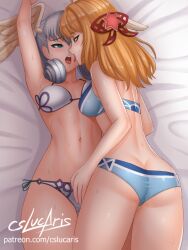 2girls after_kiss ass bed bikini blonde_hair blue_bikini blue_swimsuit breasts cslucaris fiora_(xenoblade) green_eyes grey_hair head_wings kissing laying_on_bed long_hair medium_breasts melia_antiqua midriff multiple_girls navel nintendo saliva saliva_trail short_hair side-tie_bikini side-tie_swimsuit sweating swimsuit white_bikini white_swimsuit wings wings_on_head xenoblade_(series) xenoblade_chronicles yuri