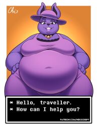 bbw belly belly_overhang big_belly big_breasts bra breasts chubby chubby_anthro chubby_female collar dialogue dialogue_box female hands_on_hips hat neck_collar nekocrispy purple_body purple_dress purple_fur purple_hat purple_skin rabbit rabbit_shopkeeper rabbit_shopkeeper_(undertale) thick_thighs undertale undertale_(series)