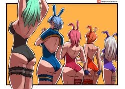 5girls alternate_costume alternate_version_available arktoons arms_up ass ass_hold back back_view backless_outfit bare_back bare_thighs big_ass blue_hair braid breasts bunny_ears bunny_girl bunnysuit byleth_(fire_emblem) byleth_(fire_emblem)_(female) female female_only fingerless_gloves fire_emblem fire_emblem:_three_houses gloves green_hair hair_over_shoulder hands_together hilda_valentine_goneril large_ass leonie_pinelli light_blue_hair lineup long_hair lysithea_von_ordelia marianne_von_edmund medium_breasts medium_hair multiple_girls nintendo orange_background orange_hair pink_hair ponytail side_ponytail thick_thighs thighs white_hair year_of_the_rabbit