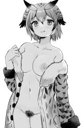 1girls blush eurasian_eagle_owl_(kemono_friends) heart-shaped_pupils jacket kemono_friends large_breasts licking_lips monochrome open_clothes pubic_hair sapsavana short_hair solo standing suicchonsuisui