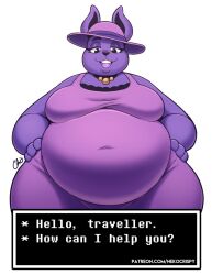 bbw belly belly_overhang big_belly big_breasts bra breasts chubby chubby_anthro chubby_female collar dialogue dialogue_box female hands_on_hips hat neck_collar nekocrispy purple_body purple_dress purple_fur purple_hat purple_skin rabbit rabbit_shopkeeper rabbit_shopkeeper_(undertale) thick_thighs undertale undertale_(series)