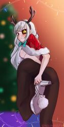 blush blush_lines blushing_at_viewer epic_games eyepatch female_only fortnite fortnite:_battle_royale nichinsfw reina_(fortnite) reindeer_antlers removing_clothing white_hair