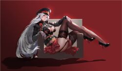 1girls black_high_heels cleavage female female_focus female_only garter_belt garter_straps gloves high_heels long_hair military military_hat military_uniform red_eyes red_skirt sitting skirt stockings thighhighs very_long_hair white_gloves white_hair xlxiaoluodiaofa