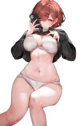 1girls big_hips cellphone female_focus female_only hips jacket jacket_lift light-skinned_female light_skin mole_under_eye on_phone orange_hair phone red_eyes short_hair white_background white_bra white_panties white_underwear xlxiaoluodiaofa